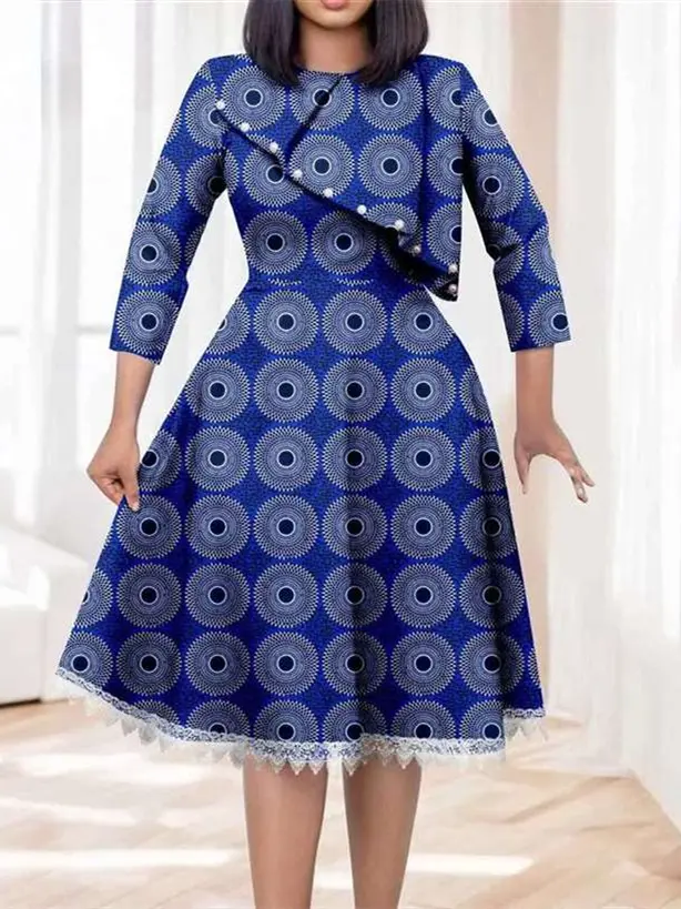 African Dresses for Women O-neck Half Sleeve High Waist Elegant Print Lace Dress Wdr7 - Image 5