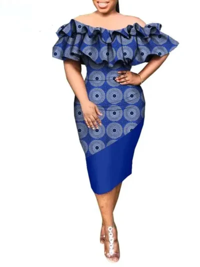 African Clothing for Women Ruffles Sleeve Slash Neck Knee-length Dresses Wdr30