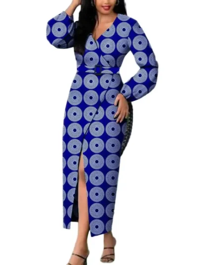 African Clothing for Women V-neck Long Sleeve High Waist with Belt Dresses Wdr90