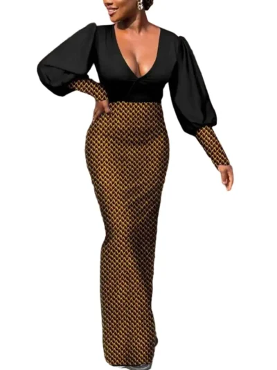 African Clothing for Women Deep V-neck High Waist Maxi Print Dresses Wdr80