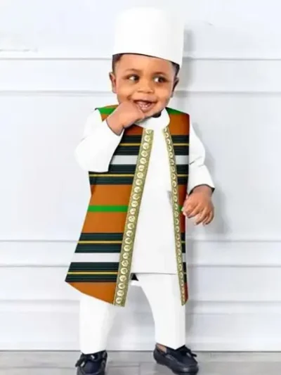 African Clothes for Boy 4 Pieces Sets Print Vest Tee Pant Cap Suits Acok10