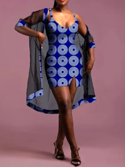 African Clothing for Women V-Neck Sleeveless Dress and Veils 2 Piece Set Wst14