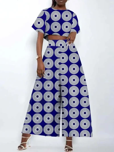 African Clothing for Women Vintage Crop Top and Wide-leg Pants 2 Piece Set Print Outfits Wst6