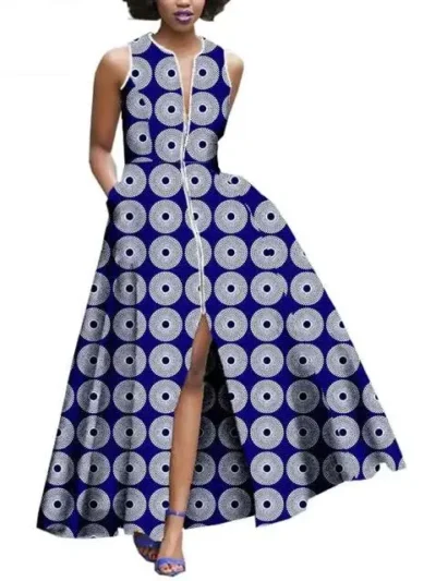 African Dresses for Women Sleeveless Ankle-length Zipper Dress Wdr24