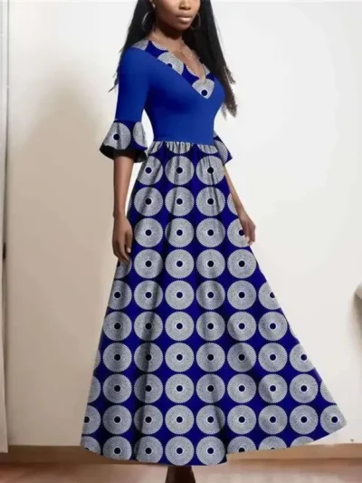 African Clothing for Women Half Sleeve V-neck High Waist Ankara Print Dresses Wdr100