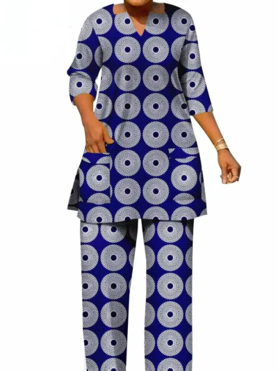 African Clothing for Women V-neck Shirts and Pants 2 Piece Set Print Outfits Wst7