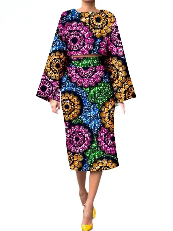 African Clothing for Women Long Wide Sleeves Short Top mid-calf Skirt Plus Size Set Wst26 - Image 16