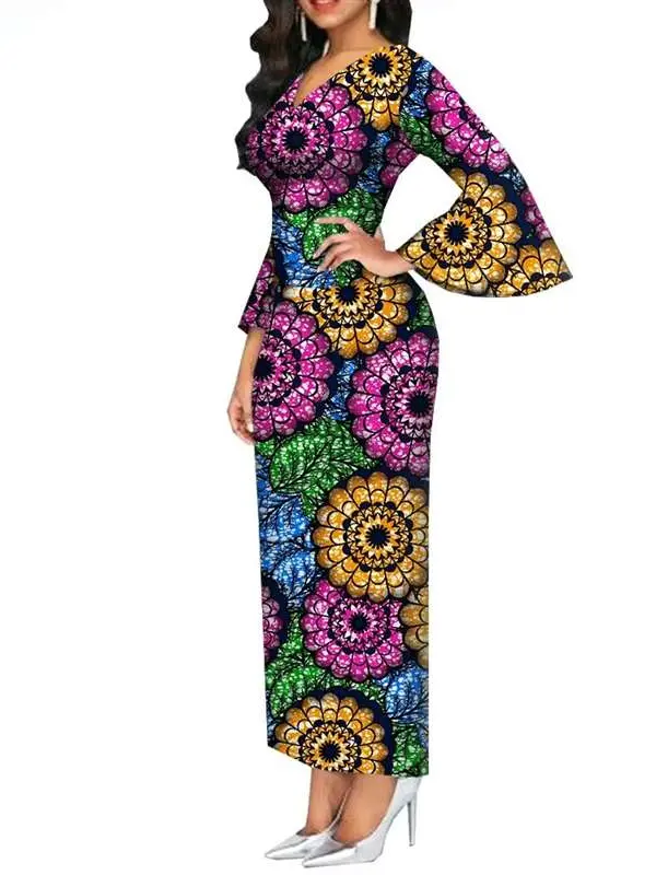 African Clothing for Women Long Maxi Dress V Neck Flare Sleeve Dresses Wdr54 - Image 15