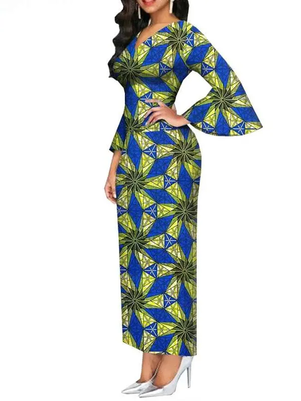 African Clothing for Women Long Maxi Dress V Neck Flare Sleeve Dresses Wdr54 - Image 19