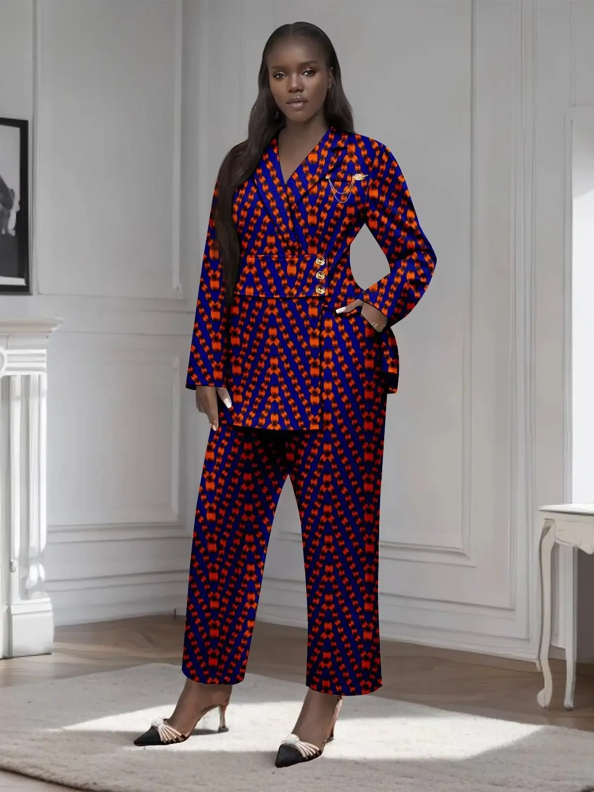 African Clothing for Women Gold Button Brooch Blazer and Ankle Pants 2 Piece Set Wst29 - Image 6