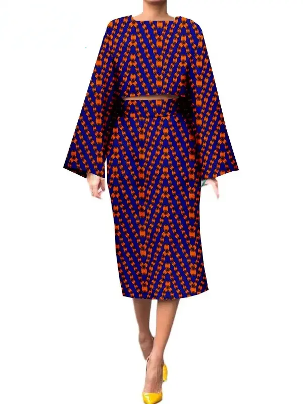 African Clothing for Women Long Wide Sleeves Short Top mid-calf Skirt Plus Size Set Wst26 - Image 17