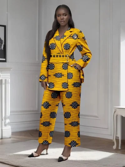 African Clothing for Women Gold Button Brooch Blazer and Ankle Pants 2 Piece Set Wst29