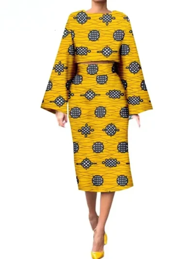 African Clothing for Women Long Wide Sleeves Short Top mid-calf Skirt Plus Size Set Wst26
