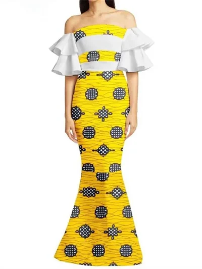 African Clothing for Women Off The Shoulder Ankara Print High Waist Dresses Wdr70
