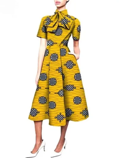 African Dresses for Women Short Sleeve High Waist Ruffled Neck Mid Dress Wdr27