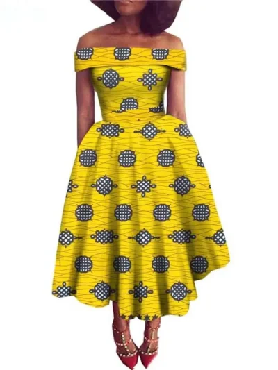 Traditional African Dresses for Women Ankara Print Off Shoulder Strapless Dress Wdr13