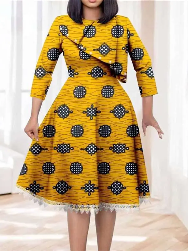 African Dresses for Women O-neck Half Sleeve High Waist Elegant Print Lace Dress Wdr7 - Image 14