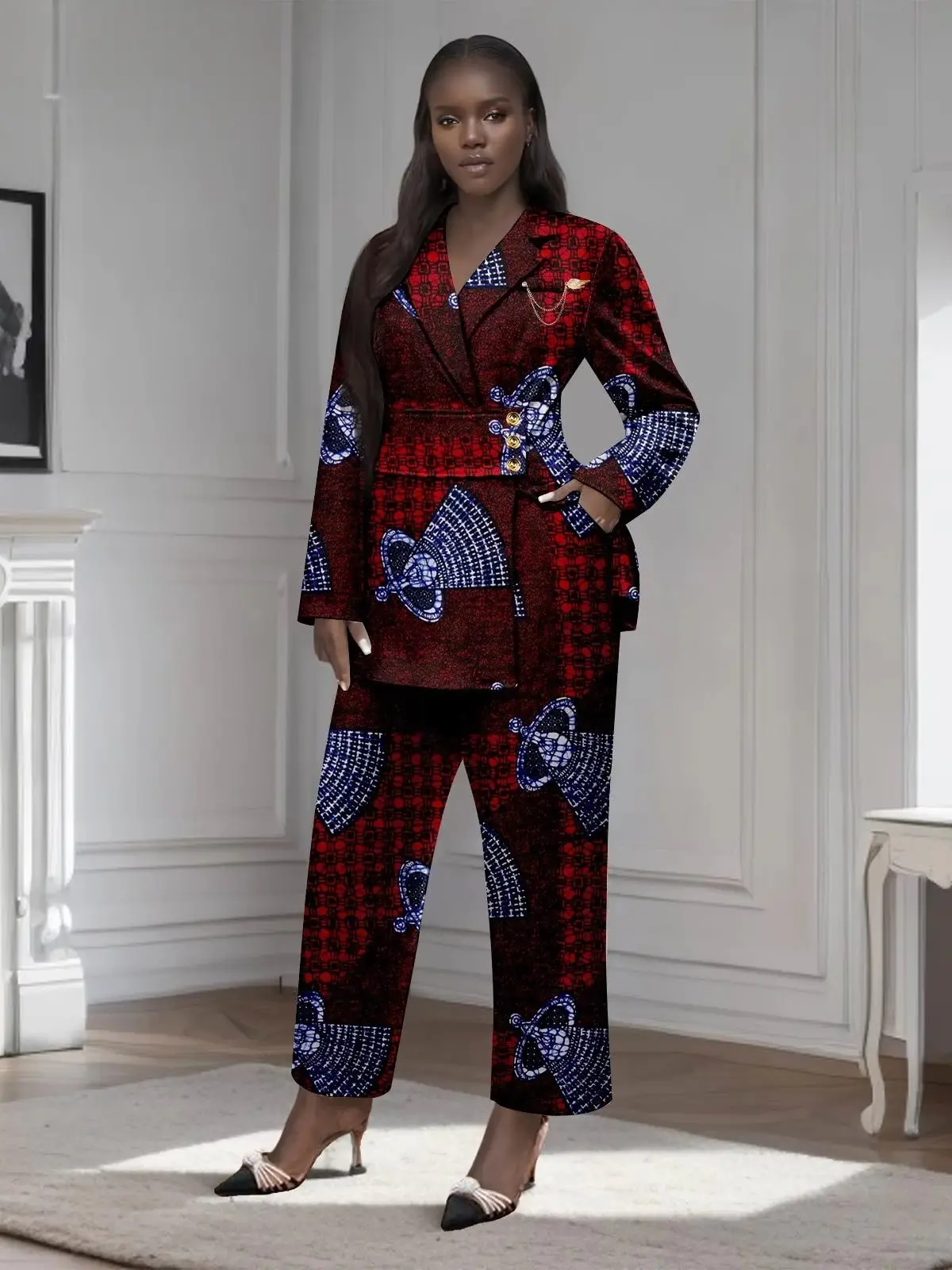 African Clothing for Women Gold Button Brooch Blazer and Ankle Pants 2 Piece Set Wst29 - Image 7