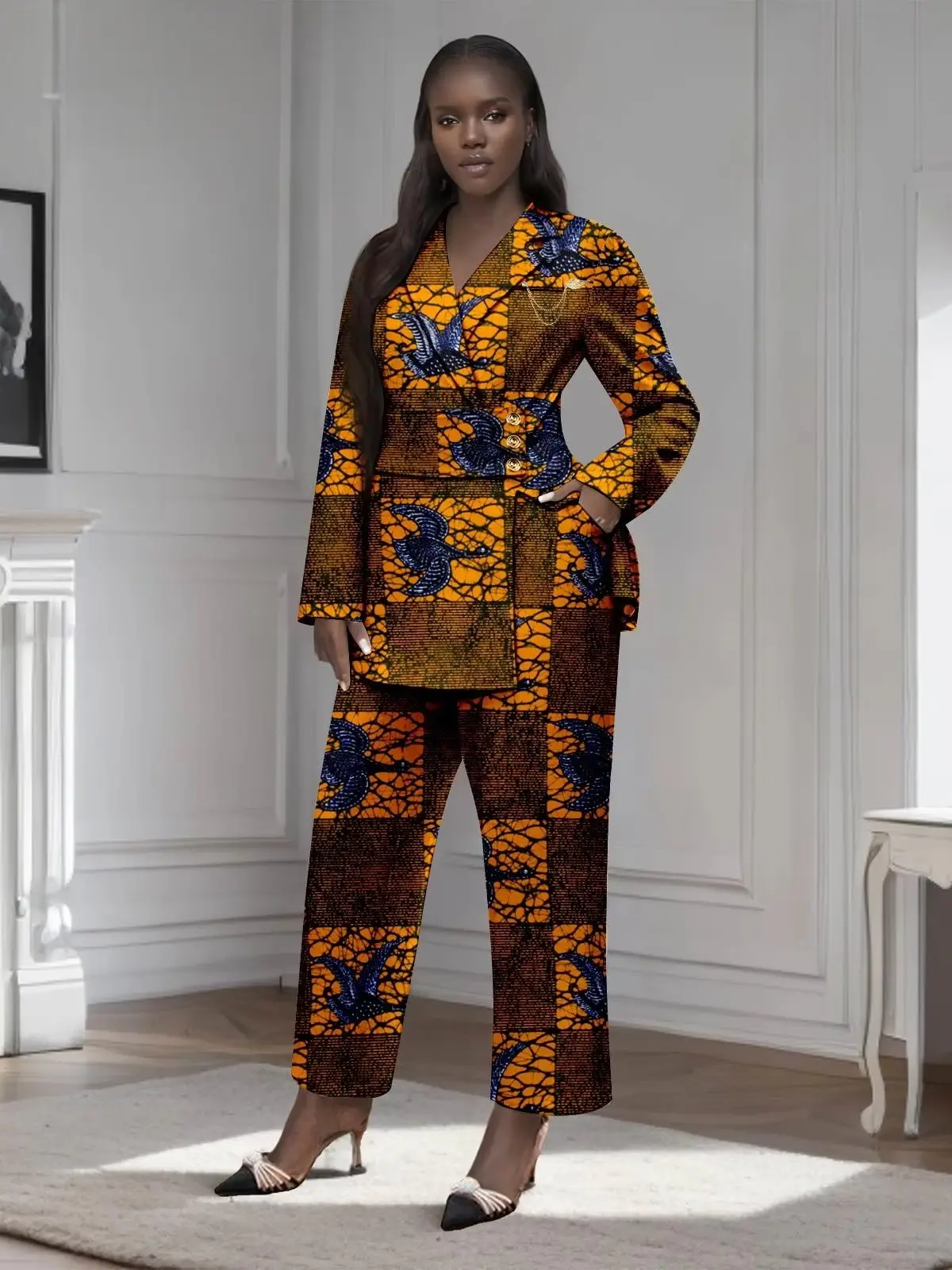 African Clothing for Women Gold Button Brooch Blazer and Ankle Pants 2 Piece Set Wst29 - Image 8