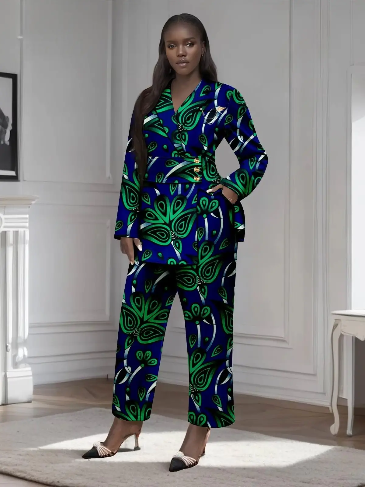 African Clothing for Women Gold Button Brooch Blazer and Ankle Pants 2 Piece Set Wst29 - Image 9