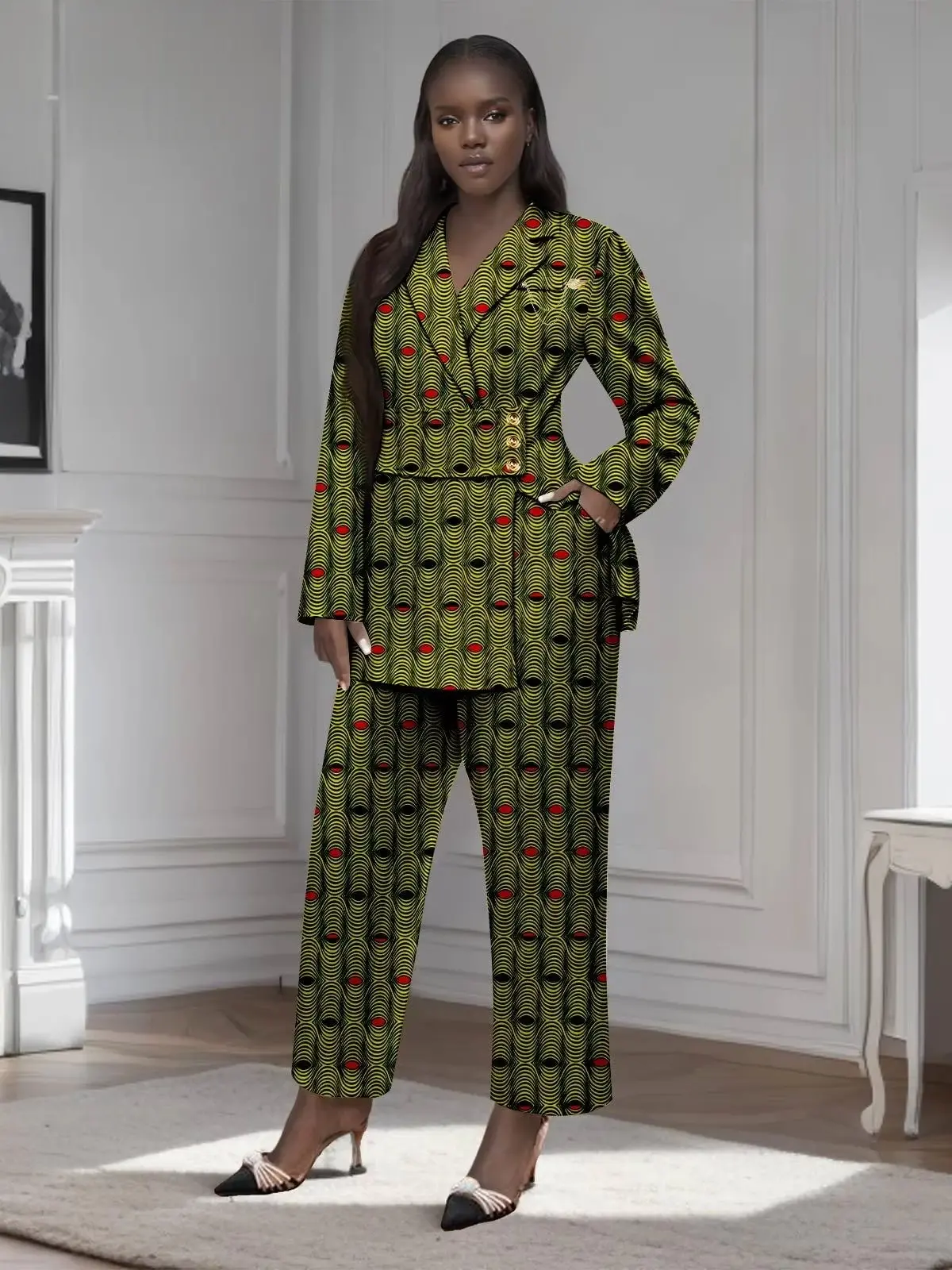 African Clothing for Women Gold Button Brooch Blazer and Ankle Pants 2 Piece Set Wst29 - Image 10