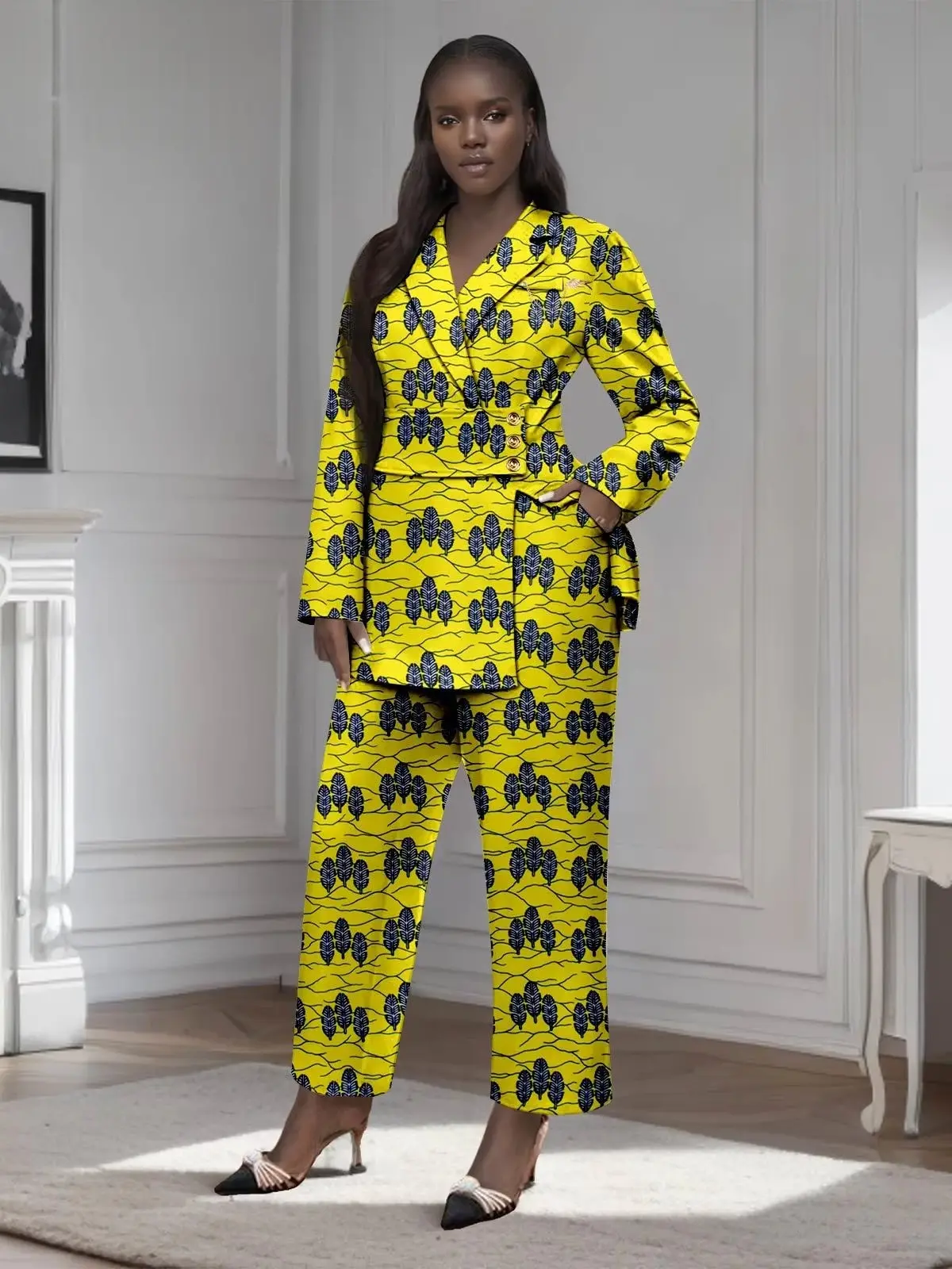 African Clothing for Women Gold Button Brooch Blazer and Ankle Pants 2 Piece Set Wst29 - Image 11