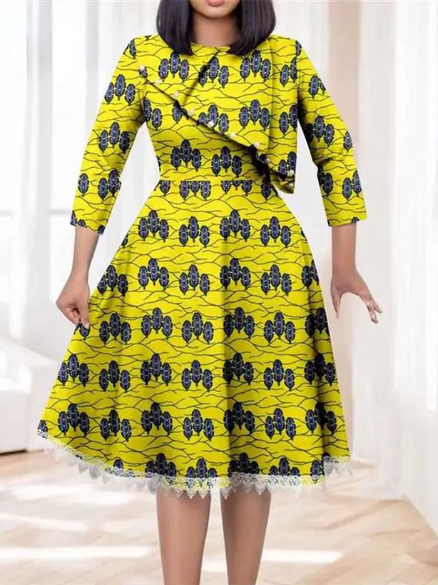 African Dresses for Women O-neck Half Sleeve High Waist Elegant Print Lace Dress Wdr7 - Image 16