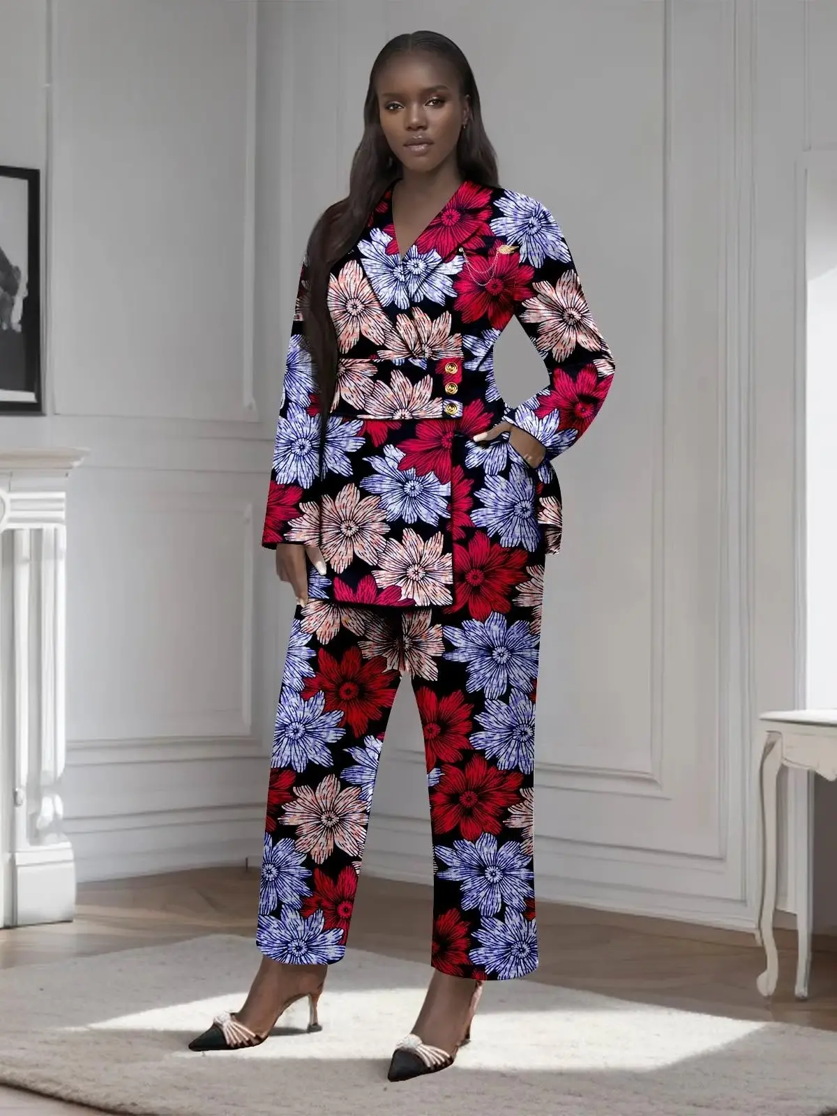 African Clothing for Women Gold Button Brooch Blazer and Ankle Pants 2 Piece Set Wst29 - Image 2