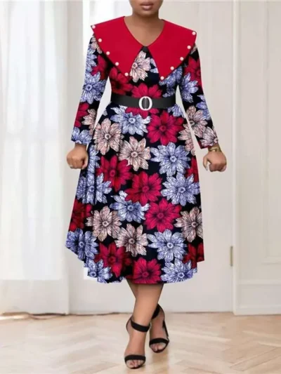 African Dresses for Women Embroidered Flares High Waist Print Dress Wdr8