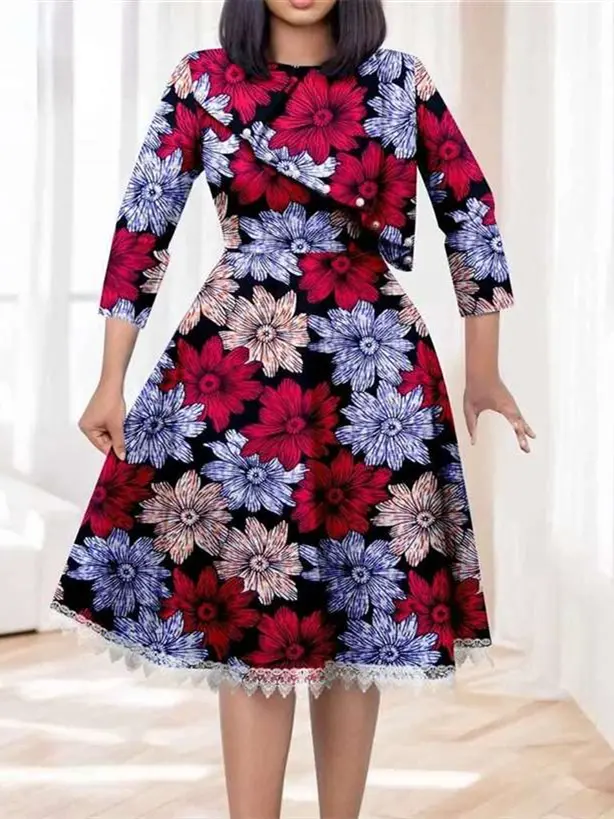 African Dresses for Women O-neck Half Sleeve High Waist Elegant Print Lace Dress Wdr7 - Image 17