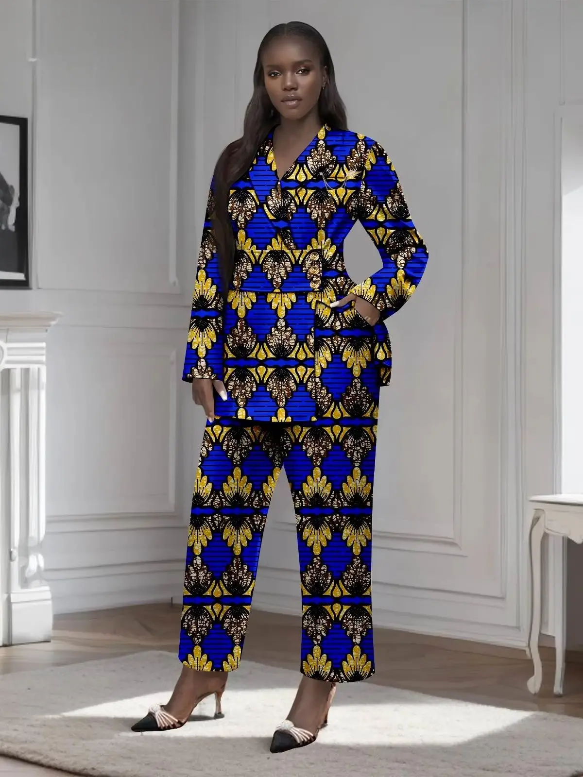 African Clothing for Women Gold Button Brooch Blazer and Ankle Pants 2 Piece Set Wst29 - Image 12