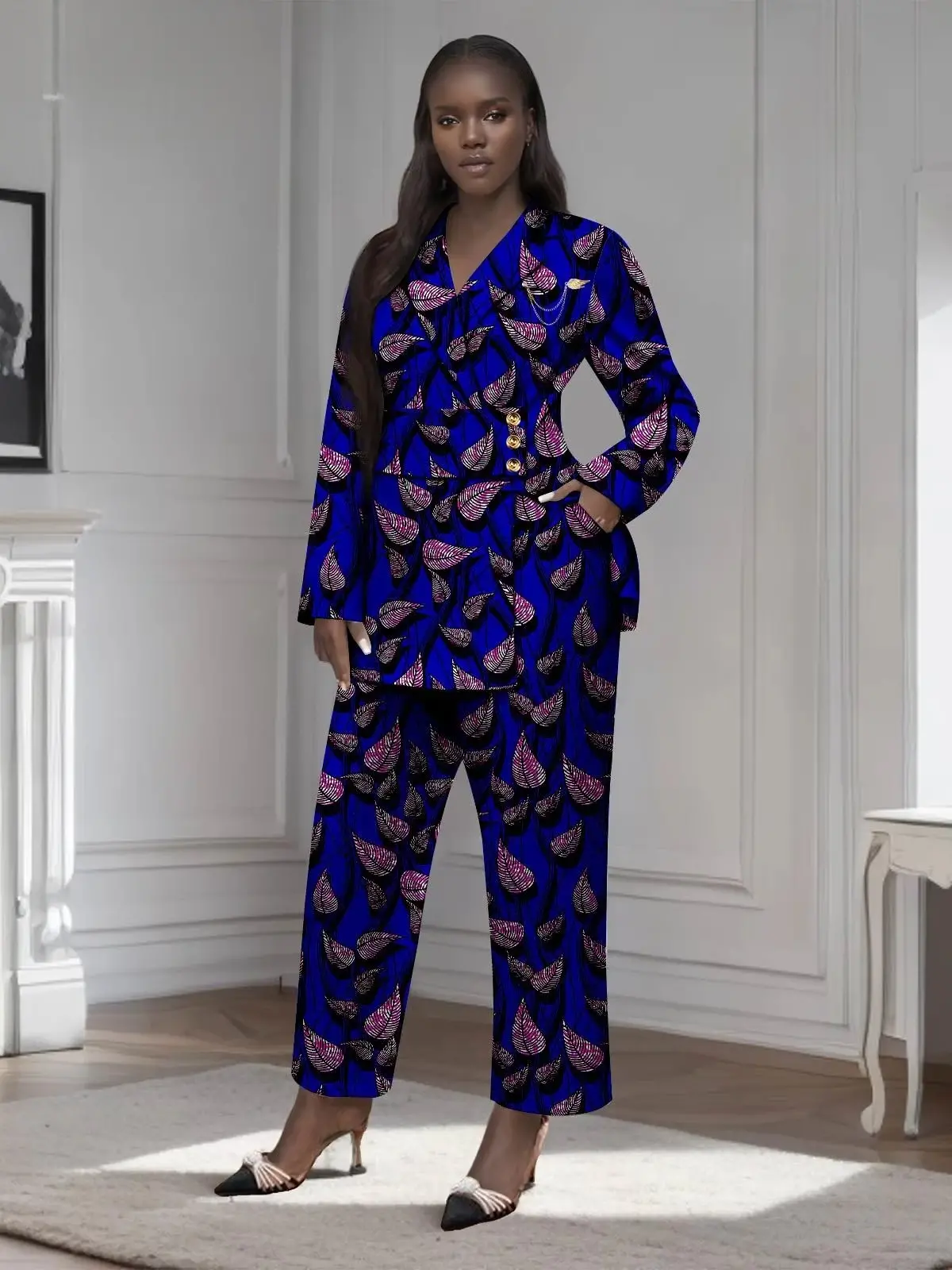 African Clothing for Women Gold Button Brooch Blazer and Ankle Pants 2 Piece Set Wst29 - Image 13