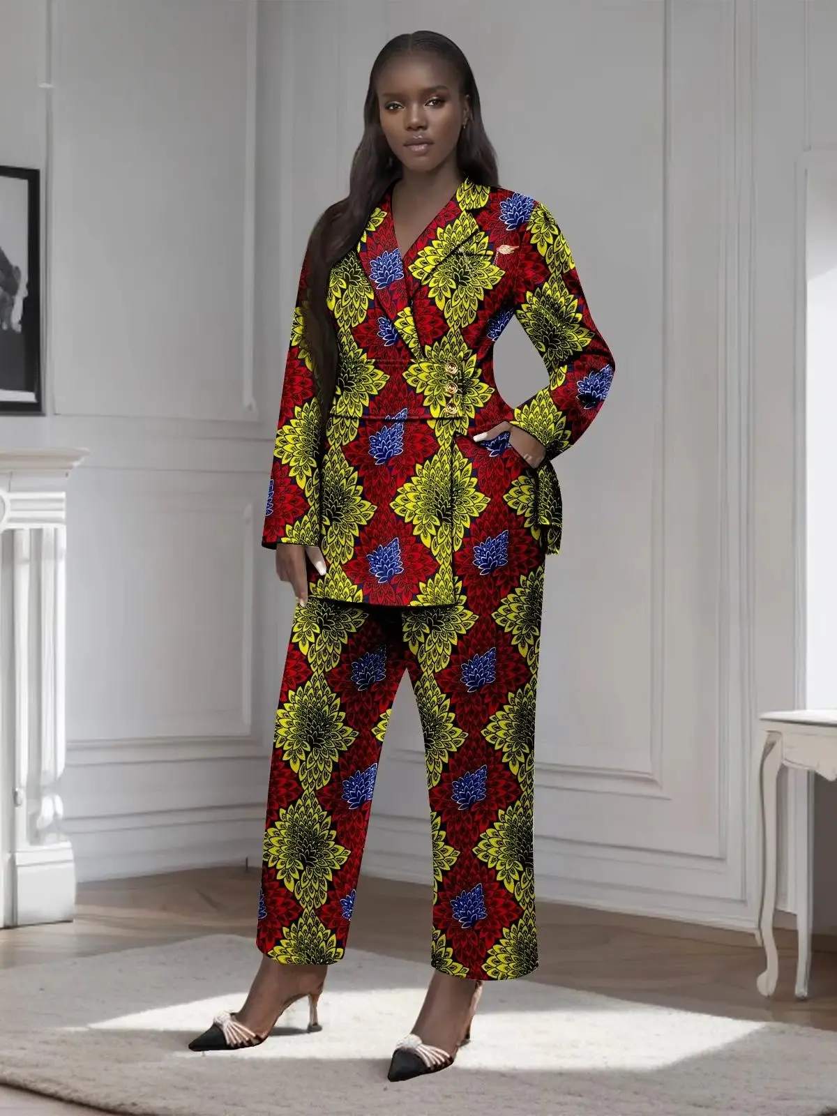 African Clothing for Women Gold Button Brooch Blazer and Ankle Pants 2 Piece Set Wst29 - Image 14