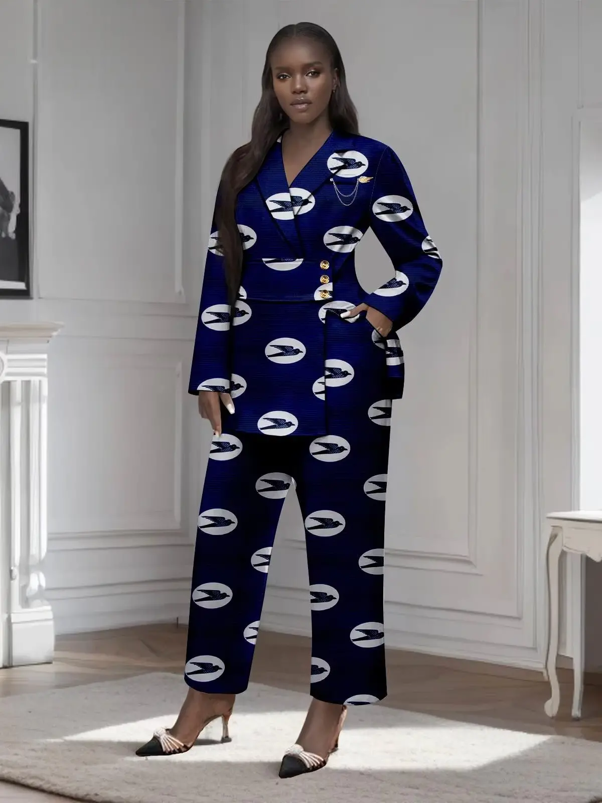 African Clothing for Women Gold Button Brooch Blazer and Ankle Pants 2 Piece Set Wst29 - Image 15