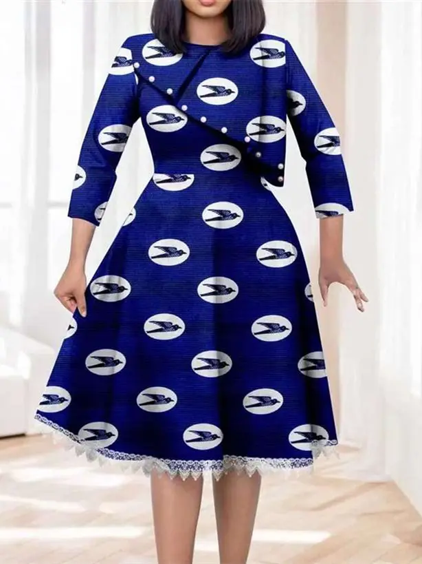 African Dresses for Women O-neck Half Sleeve High Waist Elegant Print Lace Dress Wdr7 - Image 19