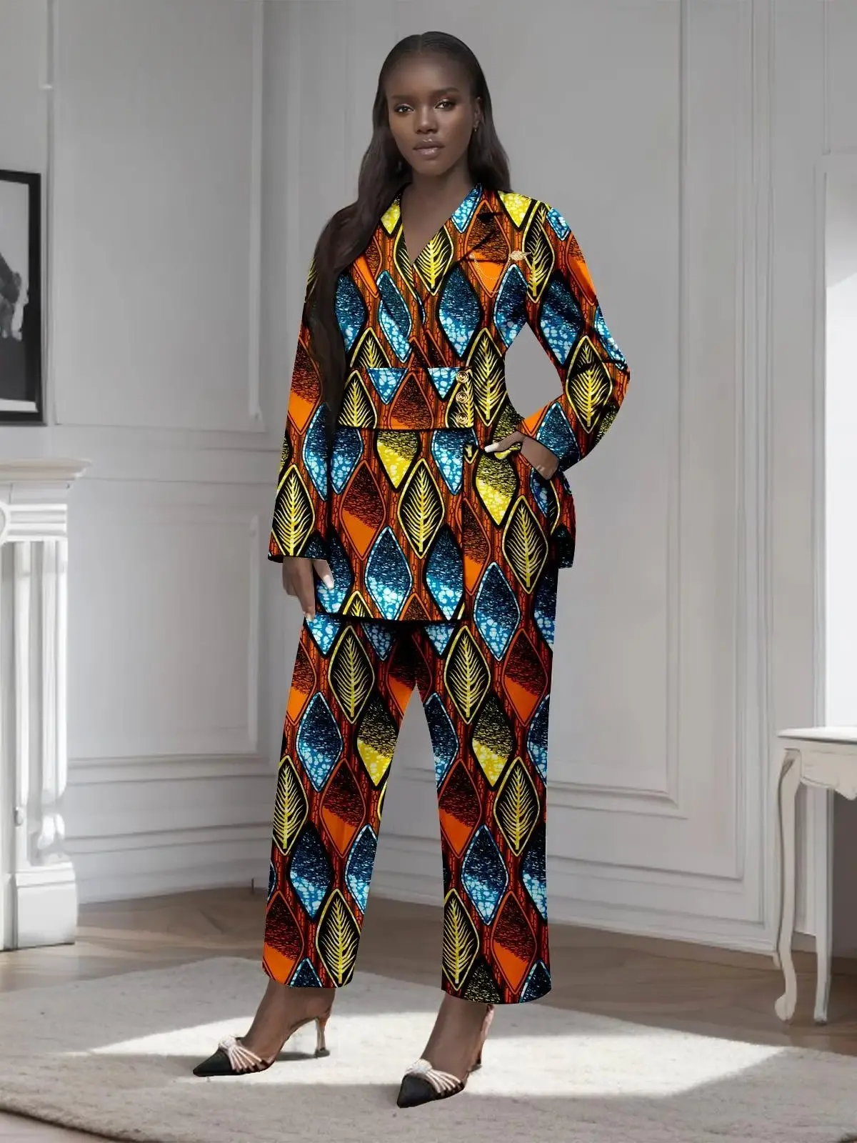 African Clothing for Women Gold Button Brooch Blazer and Ankle Pants 2 Piece Set Wst29 - Image 16