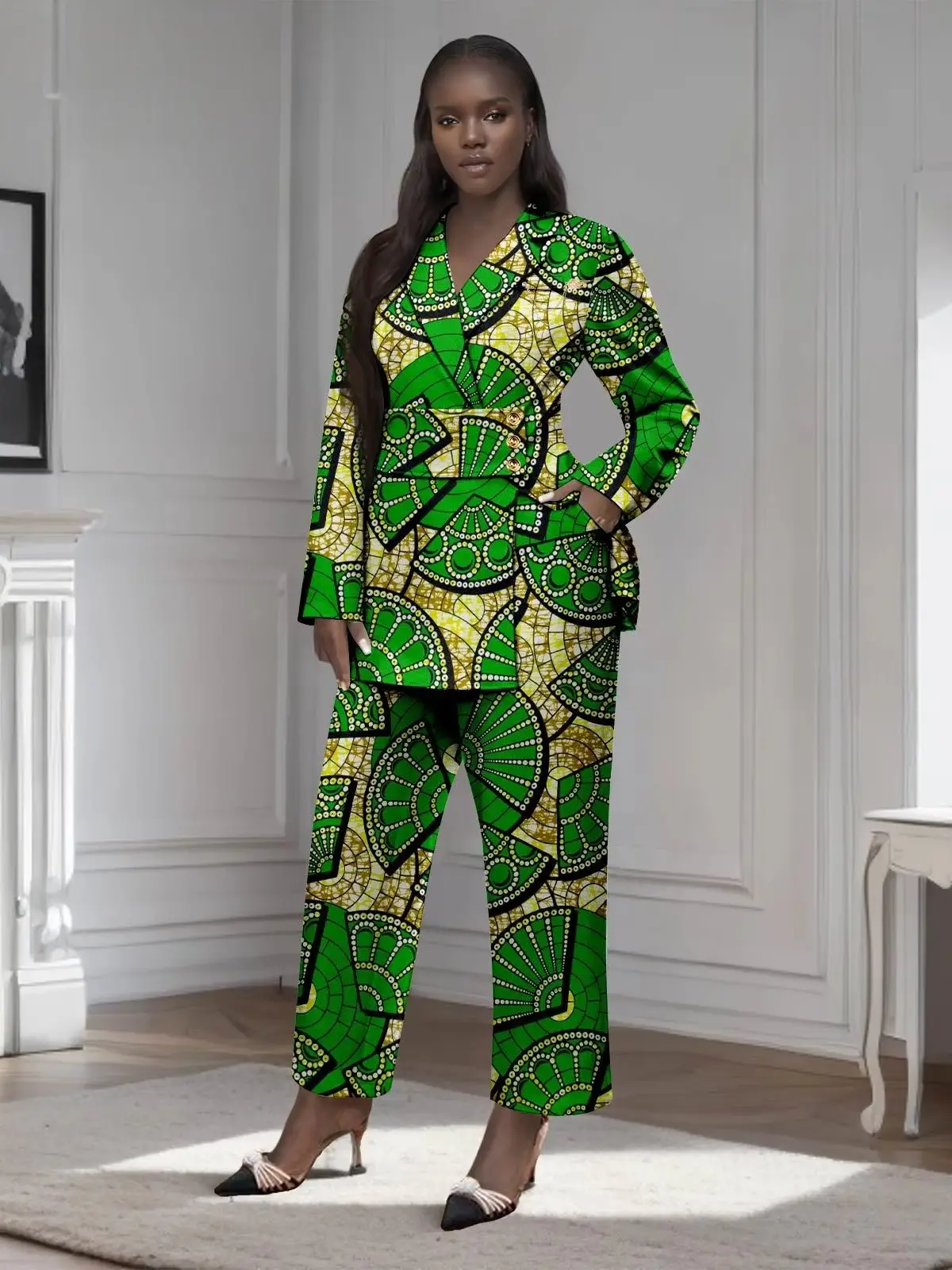 African Clothing for Women Gold Button Brooch Blazer and Ankle Pants 2 Piece Set Wst29 - Image 17