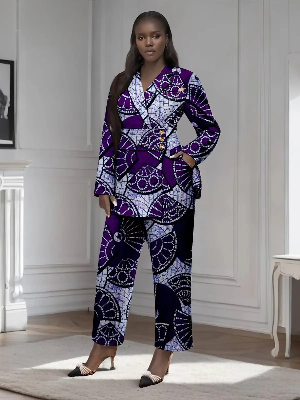 African Clothing for Women Gold Button Brooch Blazer and Ankle Pants 2 Piece Set Wst29 - Image 18