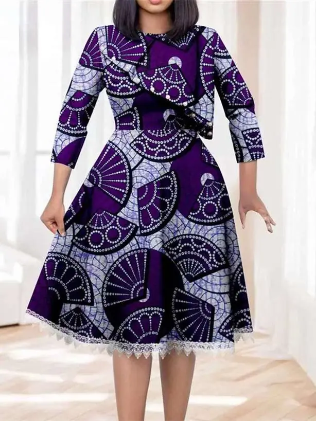 African Dresses for Women O-neck Half Sleeve High Waist Elegant Print Lace Dress Wdr7 - Image 23
