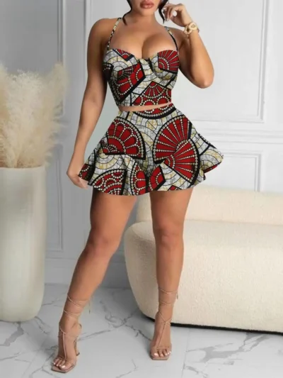 African Clothing for Women Crop Tops and Mini Skirts 2 Piece Set Print Outfits Wst10