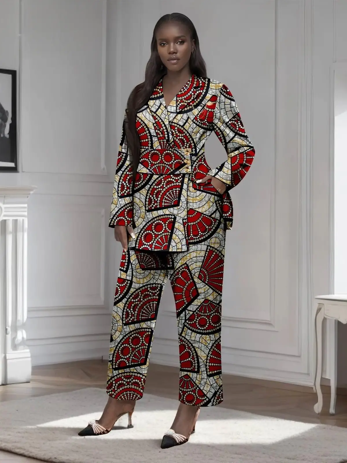 African Clothing for Women Gold Button Brooch Blazer and Ankle Pants 2 Piece Set Wst29 - Image 19