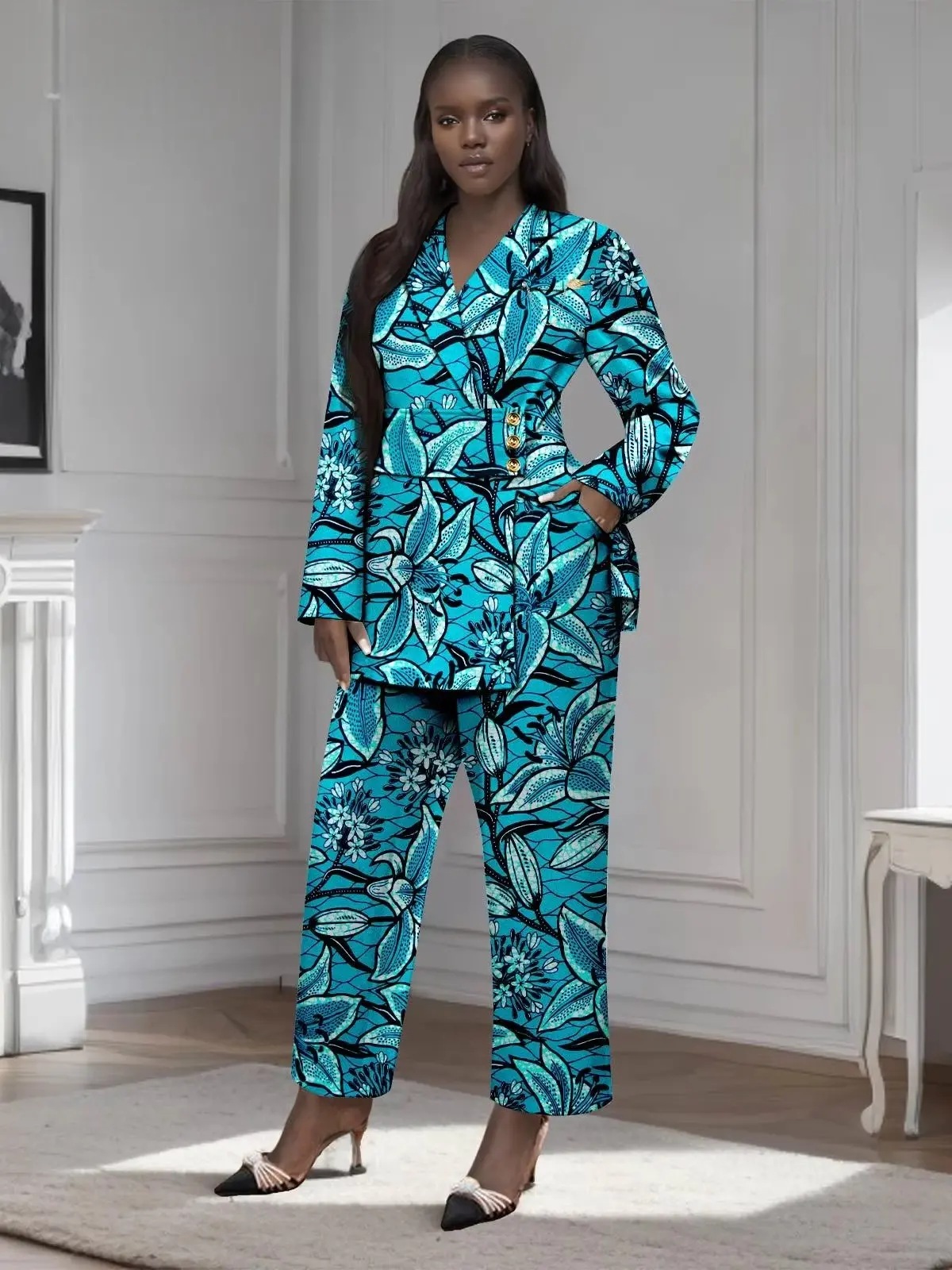 African Clothing for Women Gold Button Brooch Blazer and Ankle Pants 2 Piece Set Wst29 - Image 20