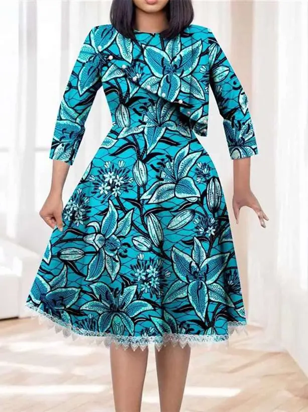 African Dresses for Women O-neck Half Sleeve High Waist Elegant Print Lace Dress Wdr7 - Image 24