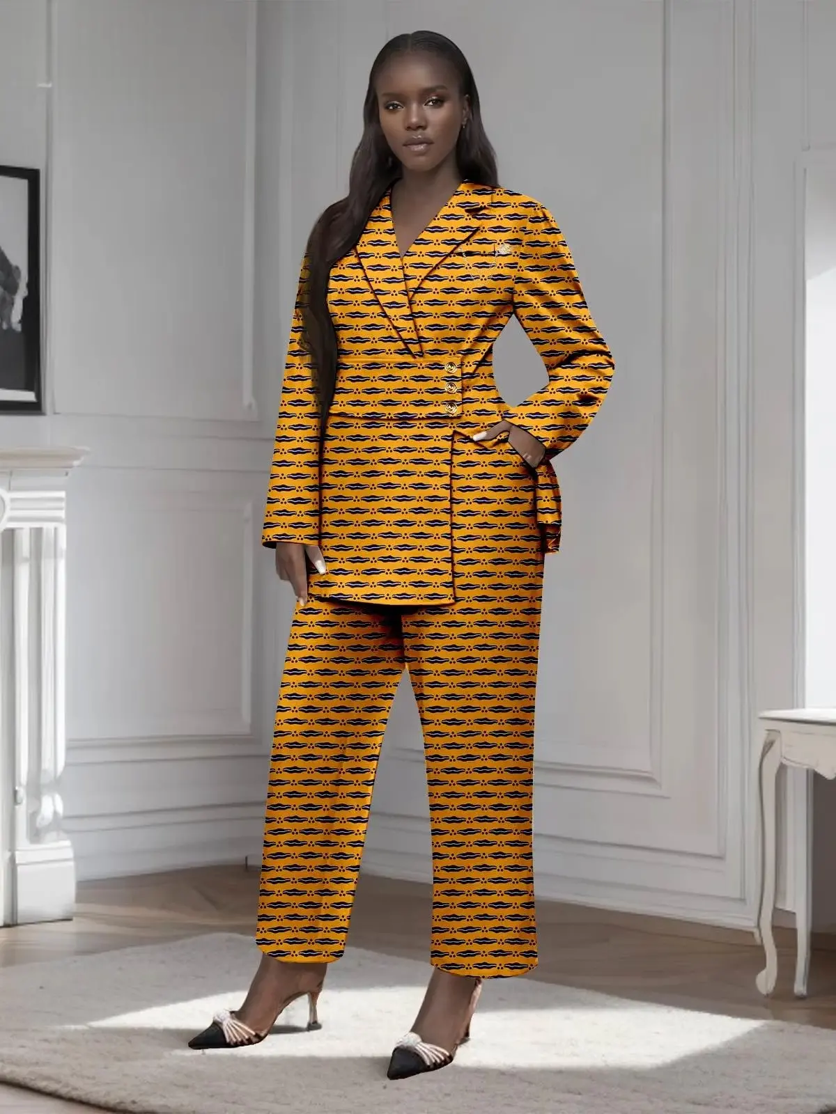 African Clothing for Women Gold Button Brooch Blazer and Ankle Pants 2 Piece Set Wst29 - Image 21