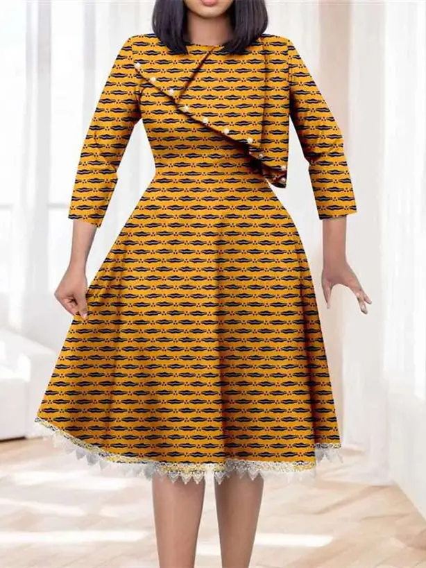 African Dresses for Women O-neck Half Sleeve High Waist Elegant Print Lace Dress Wdr7 - Image 25