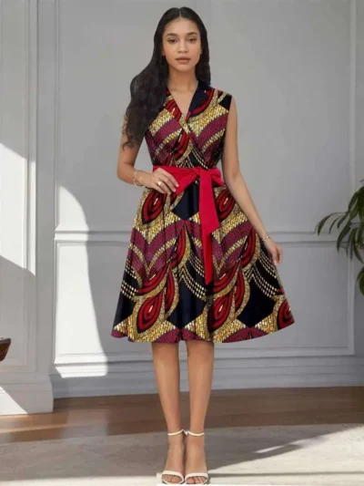 African Dresses for Women V-neck Sleeveless High Waist Elegant Print Dress Wdr6