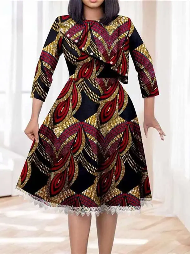 African Dresses for Women O-neck Half Sleeve High Waist Elegant Print Lace Dress Wdr7 - Image 26