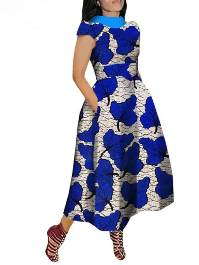 African Maxi Dress for Women V-Back Short Sleeve Plus Size Casual Dress Wdr25