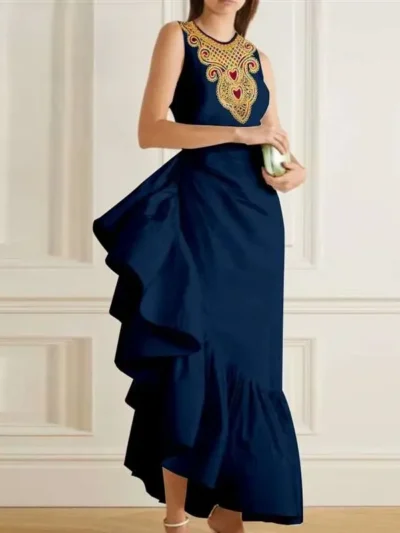 African Clothing for Women Flounced Edge High Waist Sleeveless Dresses Wdr72