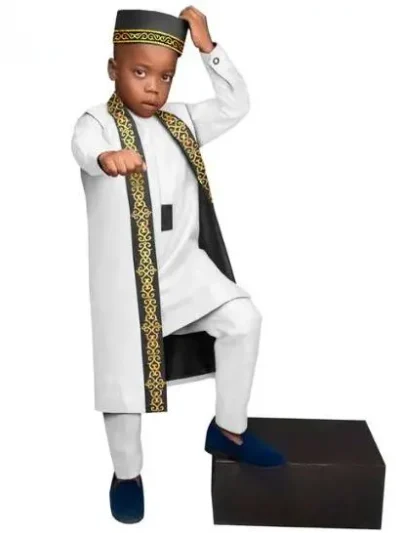 African Clothes for Boys Outfits Tee + Pants + Long Vest + Cap Dashiki Hat Acok19